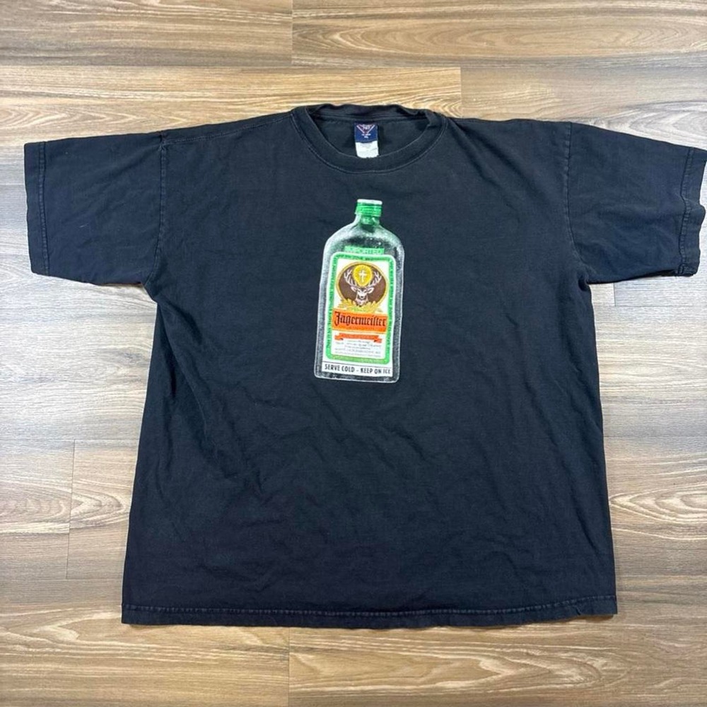 Jägermeister black t-shirt with graphic of a Jägermeister bottle